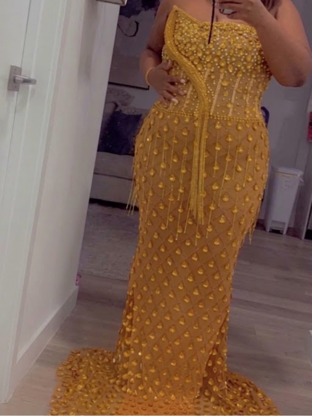 Elegant Gold/Yellow Embellished Strapless Evening Gown BIRTHDAY OR PROM